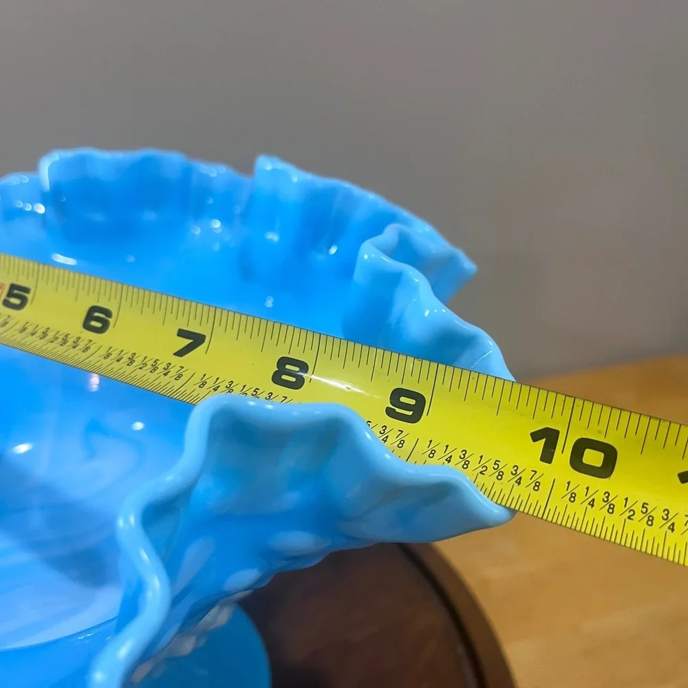 Vtg Fenton Blue Slag Hobnail Dbl Ruffled Pedestal Compote Bowl MCM Art Glass